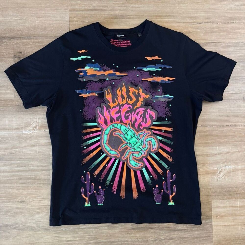 Diesel Lust Vegas Black Shirt Neon Green Pink Orange Scorpion Graphic Size XL